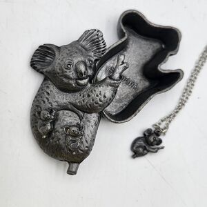 Vintage Koala Bear Trinket Box Brooch Earrings Necklace Set Torino case